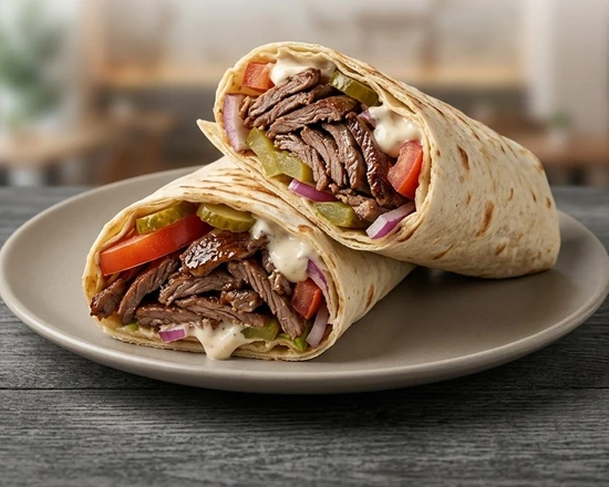 Halal beef shawarma wrap with tahini sauce in Winnipeg